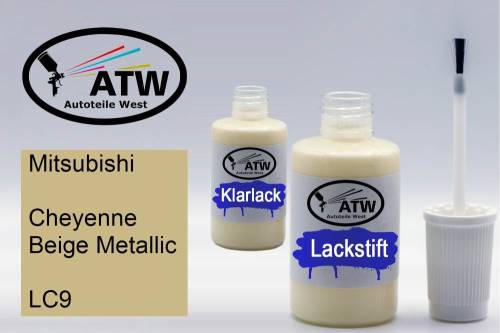 Mitsubishi, Cheyenne Beige Metallic, LC9: 20ml Lackstift + 20ml Klarlack - Set, von ATW Autoteile West.